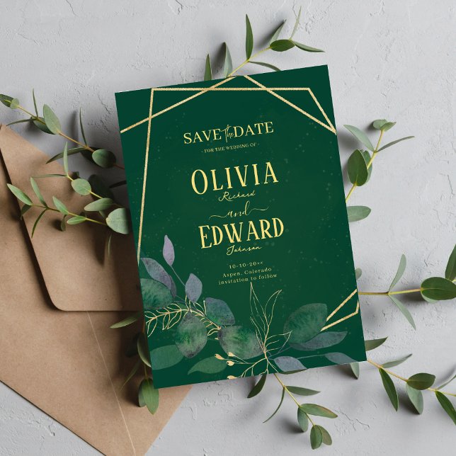 Blätter für geometrische Rahmen grün und gold Save The Date (Von Creator hochgeladen)