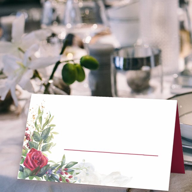 Blätter für rote Rose und Eukalyptus Platzkarte (Place Cards with red rose floral arrangement and space to write your guest's name)