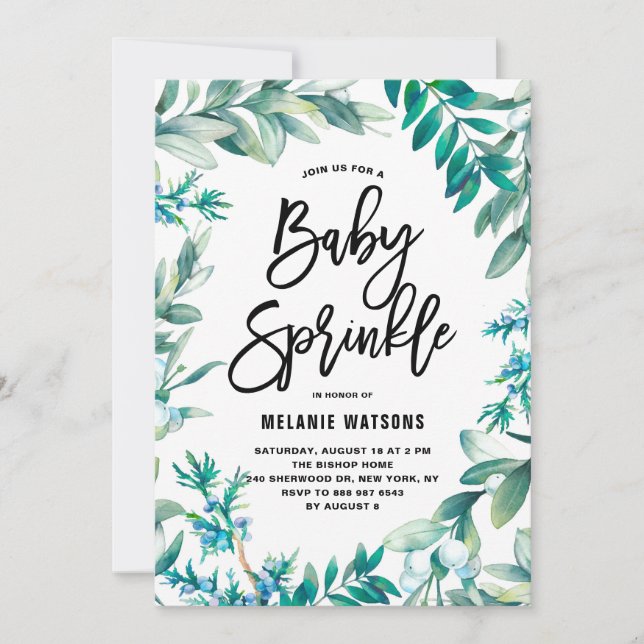 Blätter für Wasserfarben & Beries Wreath Baby Spri Einladung (Vorderseite)