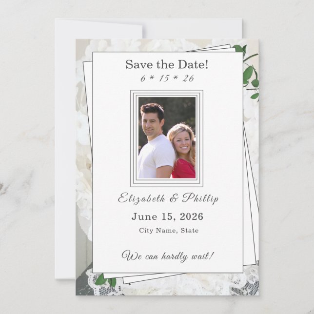 Blätter für weiße Spitzen und Rose Hochzeitssticht Save The Date (Vorderseite)