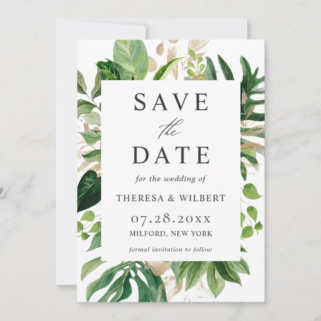 Blätter Hochzeit der tropischen Wasserfarben Save The Date (Vorderseite)