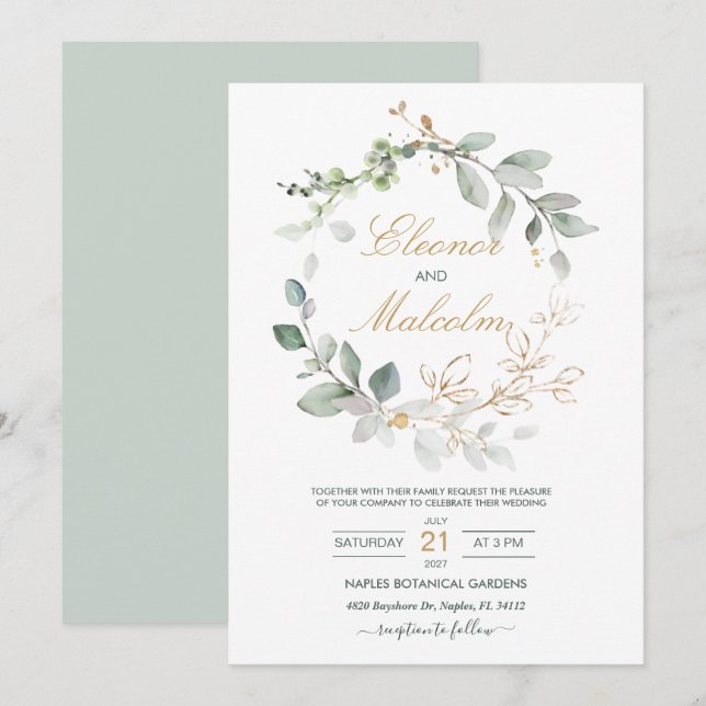 Blätter Hochzeit in Aquarellgrün und Gold Einladung (Vorne/Hinten)