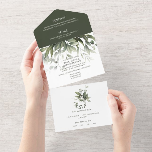 Blätter Hochzeit von Aquarellfarben All In One Einladung (Abreißen)