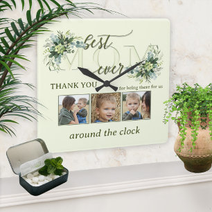 Blätter in Aquarellfarben Mama Foto Quadratische Wanduhr