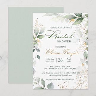 Blätter in Aquarellgrün und Gold Brautparty Einladung