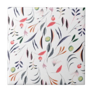 Blätter in hellen Aquarellfarben und Beeren-Muster Fliese