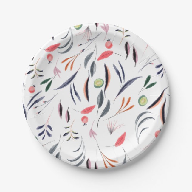 Blätter in hellen Aquarellfarben und Beeren-Muster Pappteller (Vorderseite)