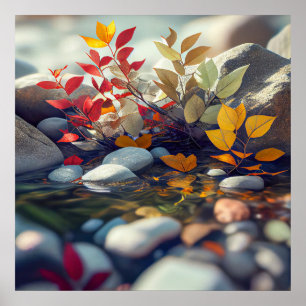 Blätter Kiesel Ruhe Stille Natur Friedlicher Fluss Poster
