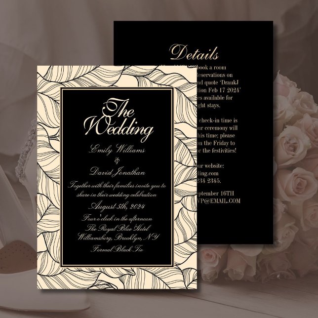 Blätter Line Art Black Beige Einladung (Von Creator hochgeladen)