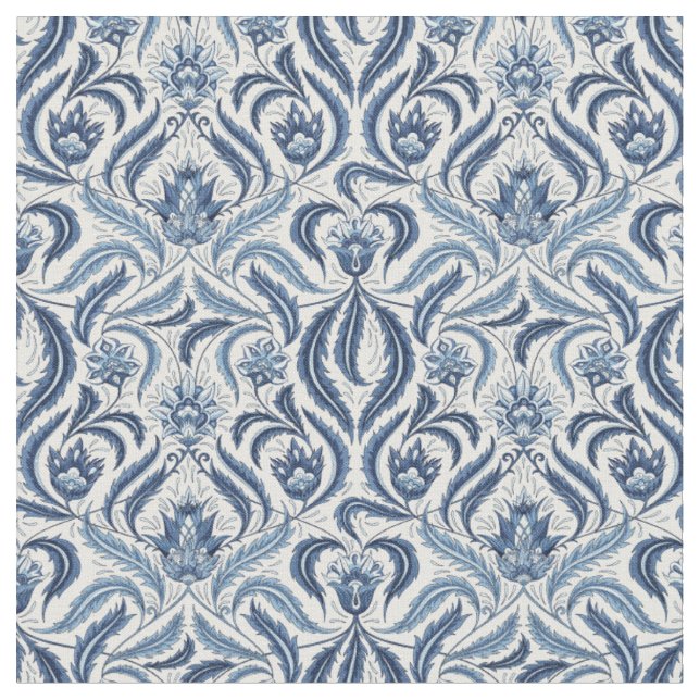 Blätter mit blauer und weißer Feder Damask Floral Stoff (Nahaufnahme)