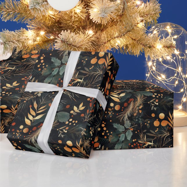 Blätter mit roter Blume und goldfarbener Farbe Geschenkpapier (Feiertage)