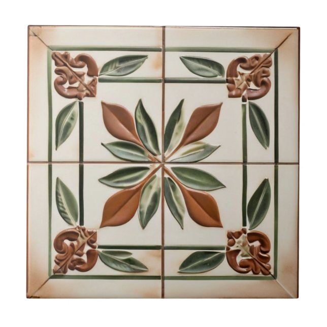 Blätter mit Terracotta & Elfenbeinfarben Toskanisc Fliese (Vorderseite)