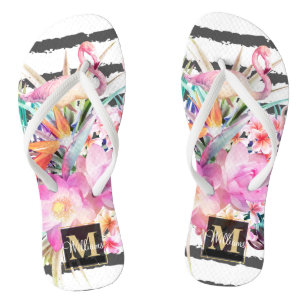 Blätter mit tropischen Pflanzen und Flamingos Flip Flops