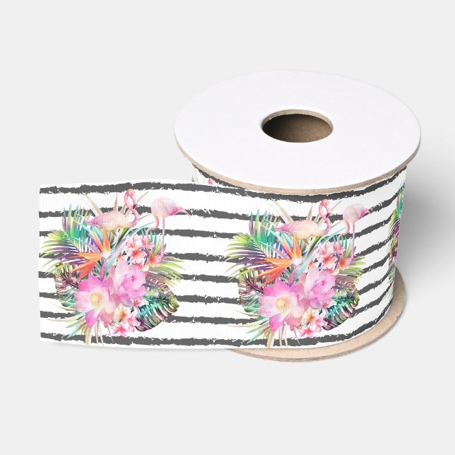 Blätter mit tropischen Pflanzen und Flamingos Ripsband (Spule)