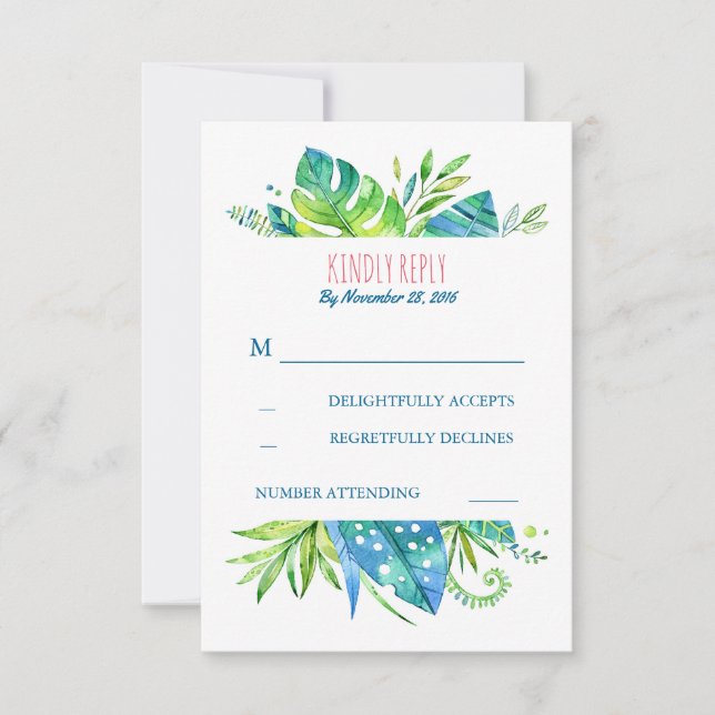 Blätter mit tropischer Palme Hochzeit am Strand uA RSVP Karte (Vorderseite)