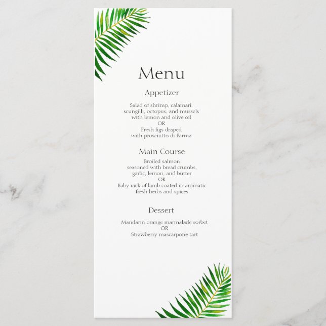 Blätter mit tropischer Vegetation Hochzeitsmenü Menükarte (Vorderseite)