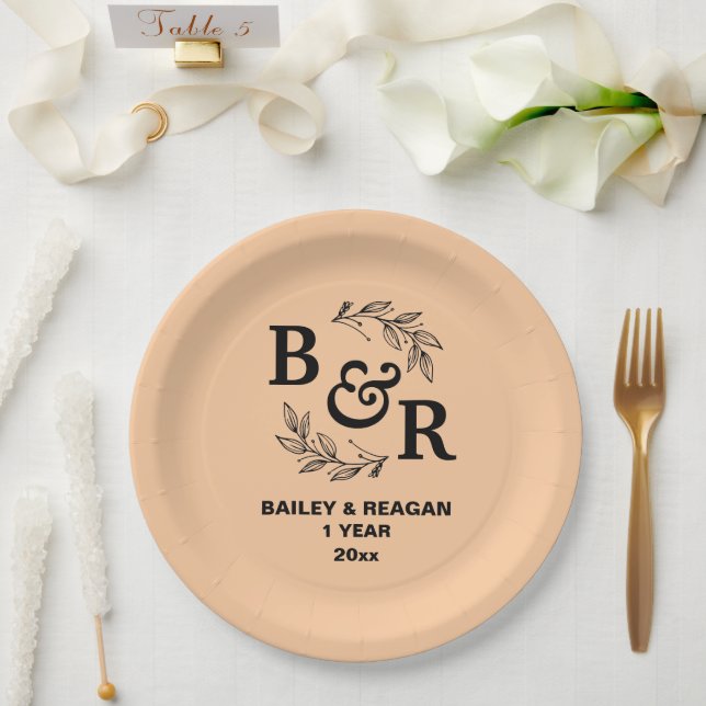 Blätter Motif Monogram zum ersten Hochzeitstag Pappteller (Hochzeit)