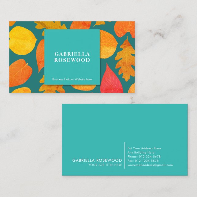 Blätter Muster Farbe Blau Quadrat Visitenkarte (Vorne/Hinten)