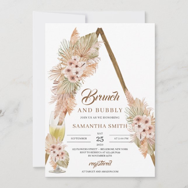 Blätter Pampas Grass Brunch und Bubbly, getrocknet Einladung (Vorderseite)