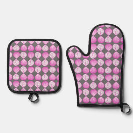 Blätter Pastel Fuchsia Magenta White Gray Ofenhandschuh & Topflappen-Set