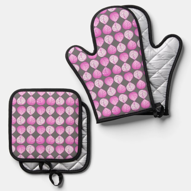 Blätter Pastel Fuchsia Magenta White Gray Ofenhandschuh & Topflappen-Set (Vorderseite/Rückseite)