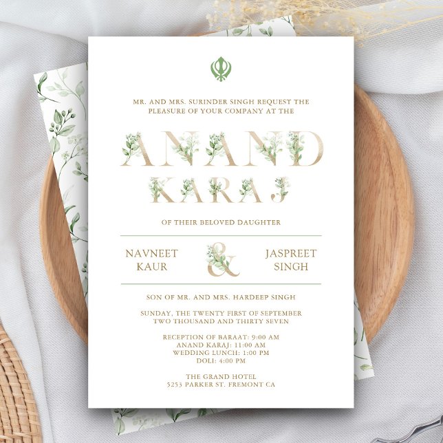 Blätter Typografie White Anand Karaj Sikh Wedding Einladung (Von Creator hochgeladen)