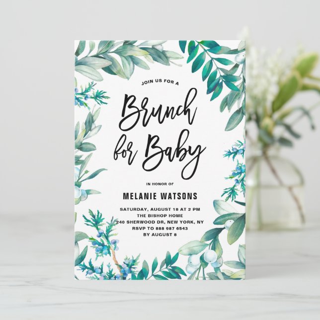 Blätter und Berries Wreath Baby Shower Brunch Einladung (Stehend Vorderseite)