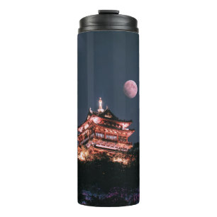 BLÄTTER UND WEISSER TEMPEL UNTER VOLLMOND THERMOSBECHER