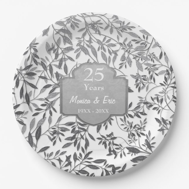 Blätter von Silber zum 25. Jubiläum Pappteller (Vorderseite)