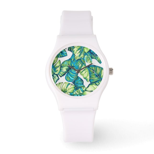 Blätter von Tropical Monstera und Banana Blue Gree Armbanduhr (Vorderseite)