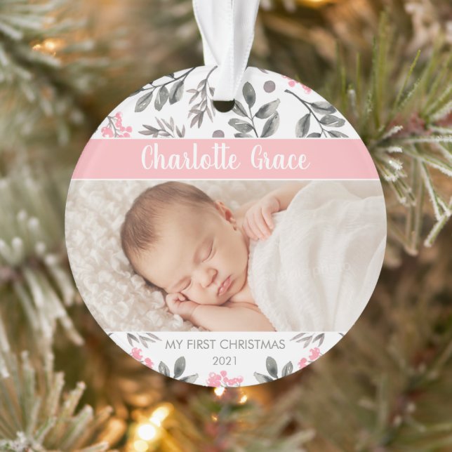 Blätter Wasserfarbe Baby Girl Erstes Foto Ornament (Baum)