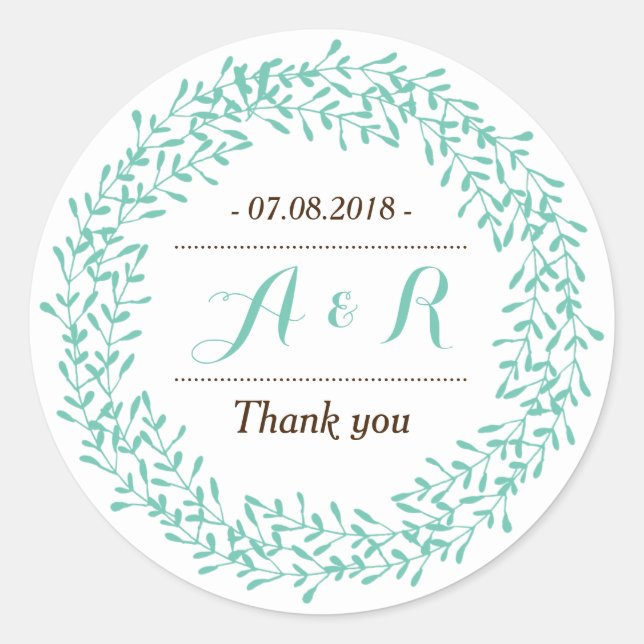 Blätter Wreath Monogram Wedding Dankeschön Sticker (Vorderseite)