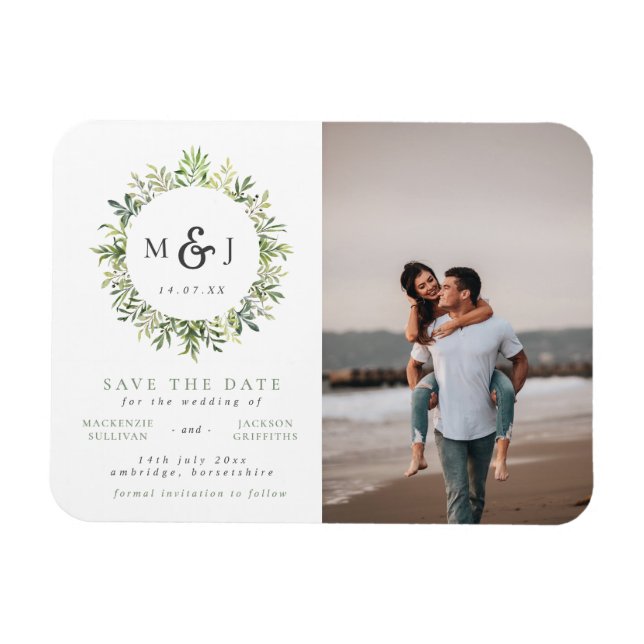 Blätter Wreath Monogram Wedding Foto Save the Date Magnet (Horizontal)