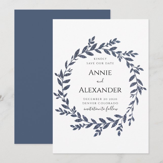 Blätter zum blauen grauen Glitzer Save the Date Einladung (Vorne/Hinten)