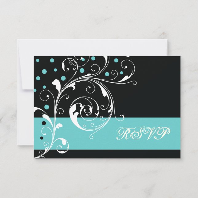 Blätterblatt schwarz, Aqua-Hochzeit RSVP (Vorderseite)