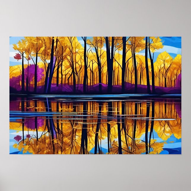 Blattgelbes Orange Lila Lake Reflection Poster (Vorne)