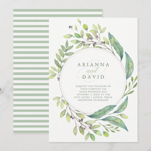 Blattgrün| Trendy Watercolor Frame Wedding Einladung (Vorne/Hinten)