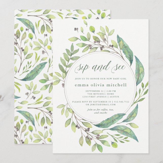 Blattgrün| Watercolor Wreath Side und See Einladung (Vorne/Hinten)