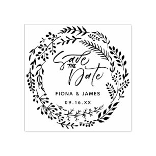 Blattkranz-Pinsel-Schrift-Save-The-Date Gummistempel