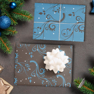 Blattwerk Blau Braun Muster Weihnachten  Geschenkpapier Set