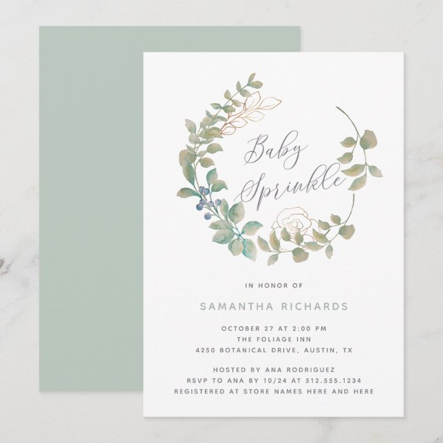 Blattwerk| Botanisches Baby Sprinkle mit Gold Einladung (Vorne/Hinten)