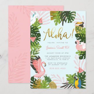Blau | Aloha Hawaii Tropical Gold Geburtstagsparte Einladung
