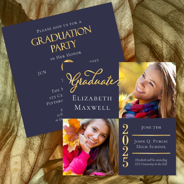 Blau | Ankündigung von Gold Foto Abschluss | PARTY (Blue and Gold Tone Two Photo High School Graduation Announcement and Party Invitation -Print Digital)