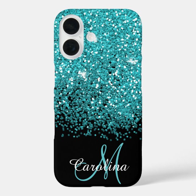 Blau, Aquamarin, Glitzer, Name und Monogramm, Mädc iPhone 16 Hülle (Rückseite)