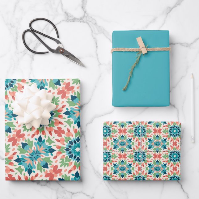 Blau, Aquamarin, grün, Lachs und Tile Geschenkpapier Set (Vorderseite)
