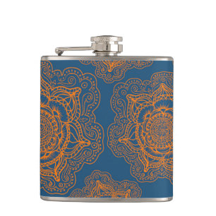 Blau auf orange Mandala Flachmann
