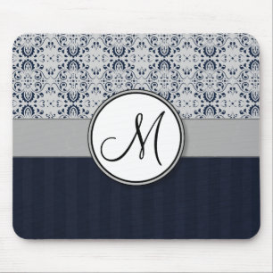 Blau auf SilberDamaske mit Navy Stripes und Monogr Mousepad