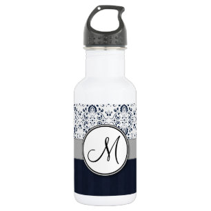 Blau auf SilberDamaske mit Navy Stripes und Monogr Trinkflasche