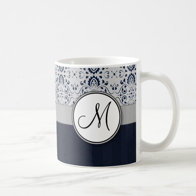 Blau auf silbernen Marine-Streifen und Monogramm Kaffeetasse (Rechts)
