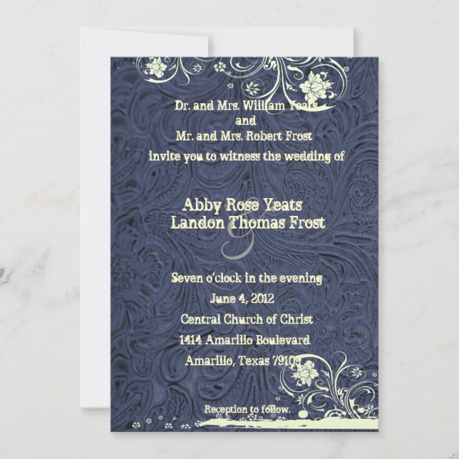 Blau bearbeitete Leder-und Creme-Spitze-Hochzeit Einladung (Vorderseite)